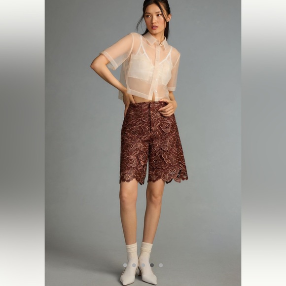 NWT Anthropologie Floral Faux Leather City Shorts in Cocoa Plum - Picture 4 of 5